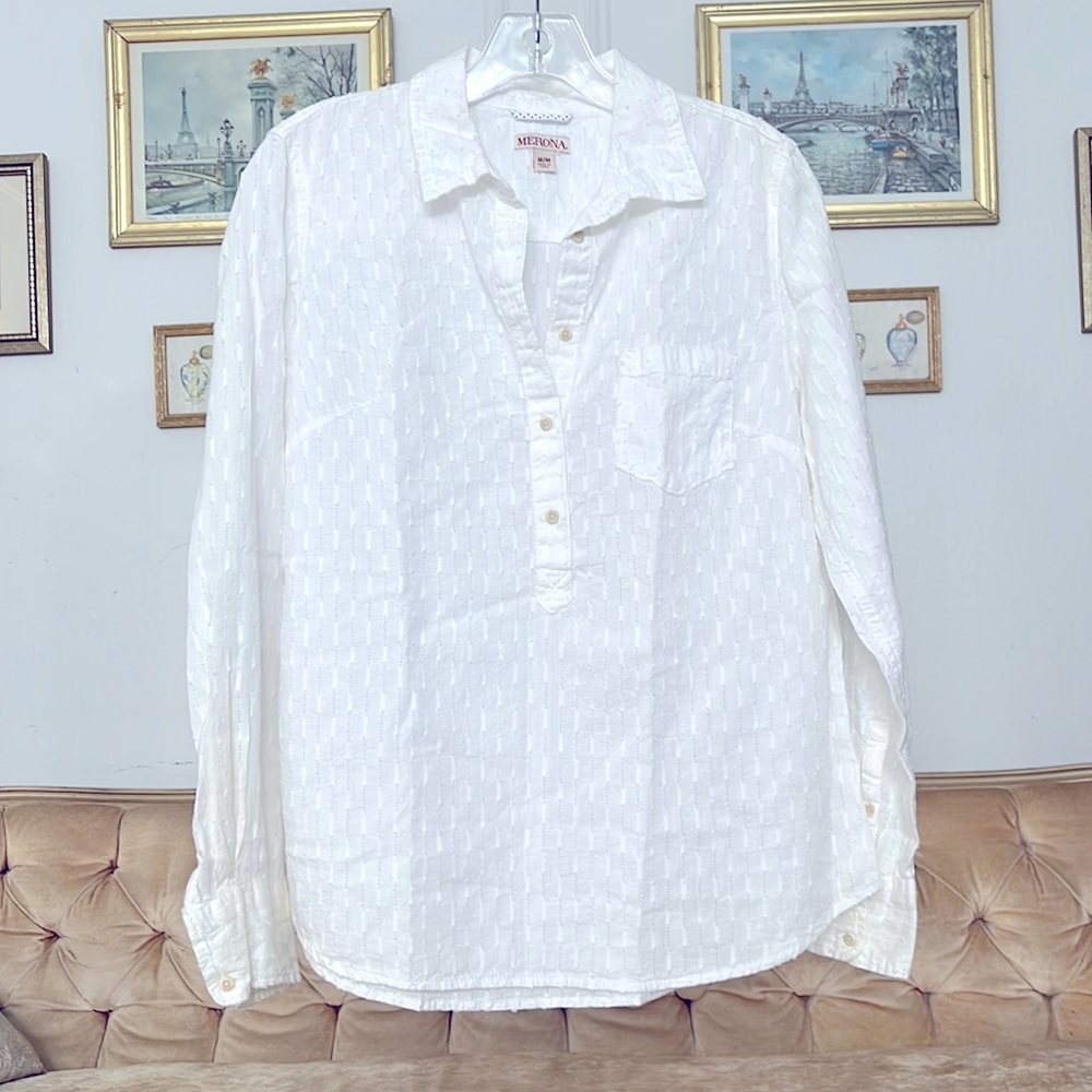 MERONA White Cotton Buttoned Collar Shirt Embroidery Long Sleeve Size M